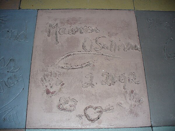 The handprints of Maureen O'Sullivan in front of The Great Movie Ride at Walt Disney World's Disney's Hollywood Studios theme park