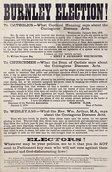 Poster printed during the 1876 Burnley by-election campaign, calling for the repeal of the Contagious Diseases Acts. Meetings and events- Contagious Diseases Act- Burnley1903 (22473851684).jpg