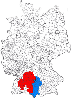 Los límites actuales de Suabia: en rojo, en Wurtemberg ; en azul, el distrito de Suabia en Baviera
