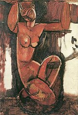 Peinture à l'huile d'une femme nue accroupie dans les tons ocre rouge ayant les bras levés comme pour soutenir un toit