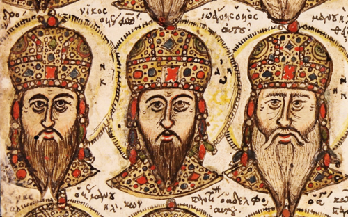 15th-century portraits of Andronikos IV, John VII and Manuel II (from a 15th-century codex containing a copy of the Extracts of History by Joannes Zonaras)