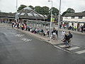 A queue along stand E of Newport, Isle of Wight bus station, during the Isle of Wight Festival 2012. Heavy traffic delays across the island due to waterlogged festival grounds causing a nightmare in getting vehicles on site had a knock-on effect on bus services across the Island, with almost all services delayed or disrupted throughout the day.