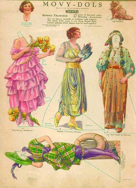 Paper doll portraying actress Norma Talmadge and some of her film costumes, 1919