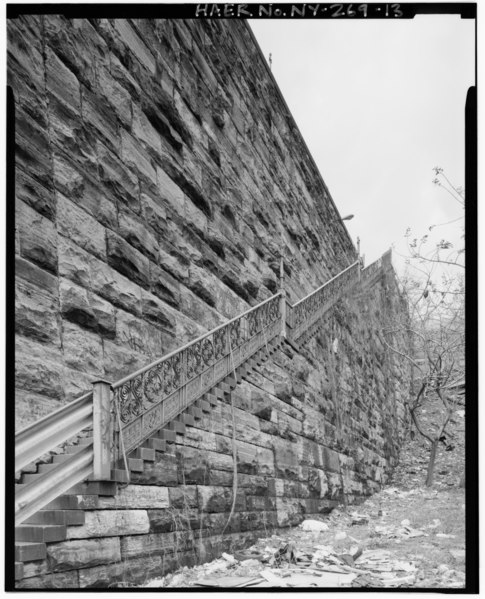 File:North elevation of viaduct west abutment stairway - Macombs Dam Bridge, Spanning Harlem River Between 155th Street Viaduct, Jerome Avenue, and East 162nd Street, Bronx, Bronx HAER NY,31-NEYO,175-13.tif