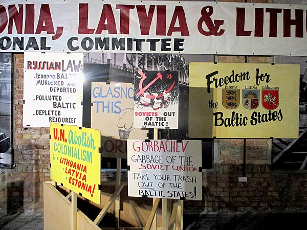 Baltic exilee protest signs from the second half of the 20th century against the Soviet occupation of the Baltic States.