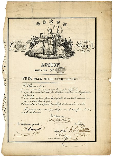 Action de l'Odéon Théâtre Royal, émise le 27 avril 1827, signée en original par le dramaturge Frédéric du Petit-Méré en tant que directeur (de février 1826 jusqu'à sa mort le 4 juillet 1827).