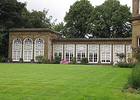 The Colonnade (right) and the taller Orangery Orangery and Colonnade, Norton Hall.jpg