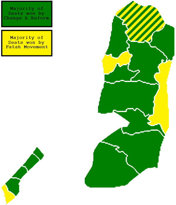 The Palestinian legislative election in 2006, Hamas (green) and Fatah (yellow)
