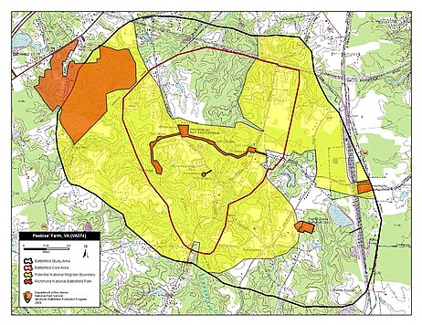 Map of Peebles' Farm Battlefield core and study areas by the American Battlefield Protection Program. Peebles' Farm Battlefield Virginia.jpg