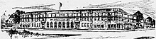 Black and white sketch of a two-storey brick building
