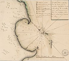 Plan levé en octobre 1725 pour rendre compte du naufrage du Chameau, avec les restes de l'épave et des principaux débris sur les plages.