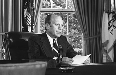President Gerald Ford announces his decision to pardon former president Richard Nixon, September 8, 1974, in an Oval Office address to the nation.