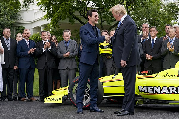 President Donald Trump congratulating Pagenaud for his Indy 500 win at a ceremony at the White House in 2019.