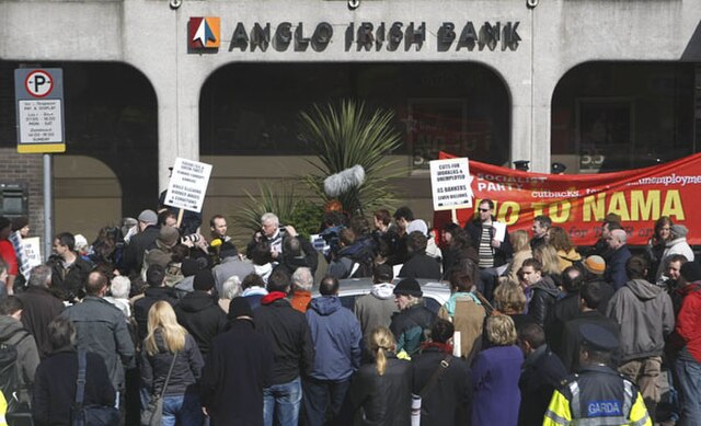Protestors outside Anglo Irish Bank during protests against the bank bailout in April 2010