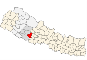 Pyuthan District i Rapti Zone (grå) i Mid-Western Development Region (grå + lysegrå)