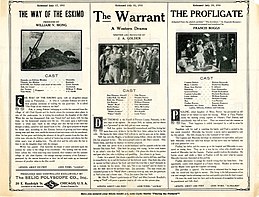 Selig promotion of three of its films in 1911, including (left) The Way of the Eskimo Release flier for THE WAY OF THE ESKIMO, 1911 ; THE WARRANT, 1911 ; THE PROFLIGATE, 1911.jpg