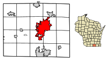 Rock County Wisconsin Incorporated and Unincorporated areas Janesville Highlighted.svg