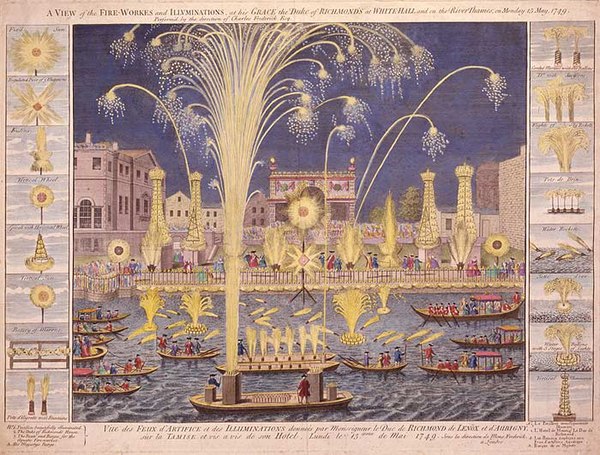 Fireworks (England's Royal Fireworks of 1749 pictured) are among the anachronistically modern material features of hobbits' lives.