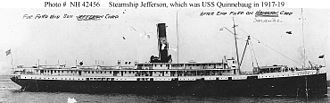 SS Jefferson, 1899. Her sister ship, SS Hamilton, had an almost identical career as USS Saranac (ID-1702). SS Jefferson (American Steamship, 1899).jpg