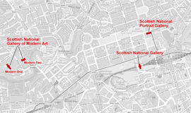 Map of the three National Galleries of Scotland premises in Edinburgh