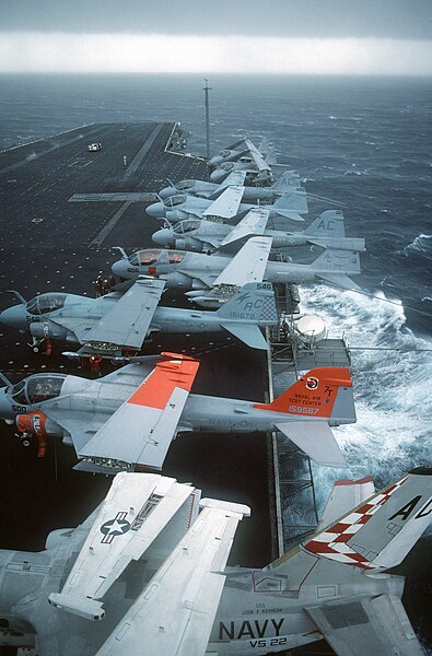 File:Several A-6 aircraft parked with EA-6 and S-3 aboard CV-67.jpg