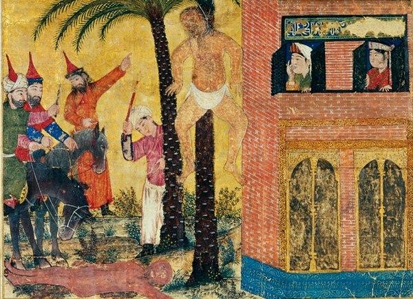 The execution of Mani as depicted in a 14th century illustration of the Shahnameh