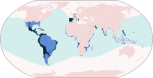 Spanish and Portuguese empires. Settlement in the Americas, c. 1600. Although the crowns asserted sovereignty over great expanses of territory, this modern map shows the sparseness of actual European settlement in dark blue. SpanishEmpire1606.svg