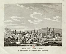 French Revolutionary Army taking Speyer 1792. The cathedral is not correctly depicted with 4 towers. Speyer 1792.jpg