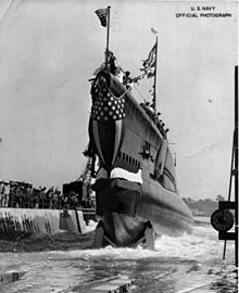 Tinosa (SS-283) launched at Mare Island Navy Yard, 7 October 1942. Ss-283.jpg