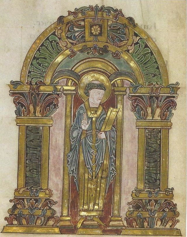 Dessin d'un homme tonsuré en robe sous une arche richement décorée, avec des aplats en or