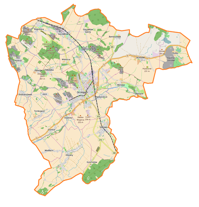 Mapa konturowa gminy Strzegom, w centrum znajduje się punkt z opisem „Strzegom”
