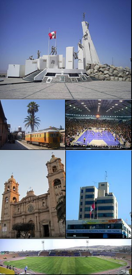 au-dessus du monument de l'Alto de la Alianza 2. à gauche de la gare Ferroviaria 2. à droite vue intérieure du stade de sport Tacna 3. à gauche de la cathédrale de Tacna 3. à droite du bâtiment au centre de Tanca en dessous du stade Jorge Basadre