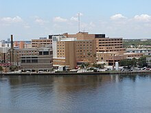 2002 image of Tampa Genera Hospital. A portion of the original hospital building can be seen on the left (with visible smokestack). Tampa general.jpg