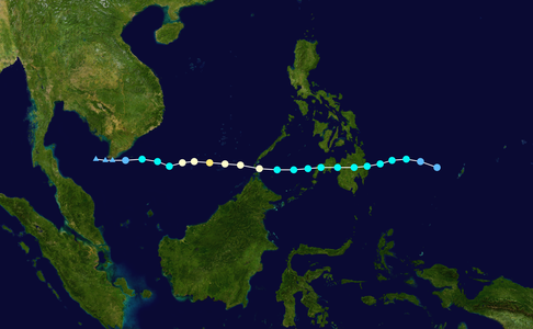 track (updated) from east of The Philippines and then over Mindanao, December 2017 in the Philippines, ahead to South Vietnam (left) as a late-season typhoon (orange), where it dissipated south of the Mekong Delta on December 26.