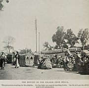 The procession waiting for the pilgrim. On the right are camels kneeling down. On the left are the silver-and-ivory palanquins, 1911. The Return of the Pilgrim from Mecca The Procession Waiting for the Pilgrim. (1911) - TIMEA.jpg