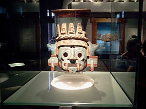 A Tlaloc vessel made by the Aztecs, which is currently located at the Museo del Templo Mayor in Mexico City, Mexico Tlaloc Vasija.jpg