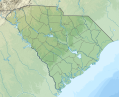 Mapa konturowa Karoliny Południowej, w centrum znajduje się punkt z opisem „Park Narodowy Congaree”