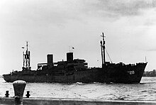 USS Hydrus (AKA-28) underway in New York Harbor (USA), circa in March 1946 (NH 90277).jpeg