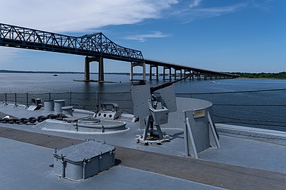 USS Massachusetts autocannon with the Braga Bridge in the background, Battleship Cove, Fall River, Massachusetts, US