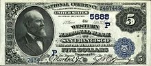 James A. Garfield - $5 National Bank Note US $5 2nd Charter Period National Bank Note.jpg