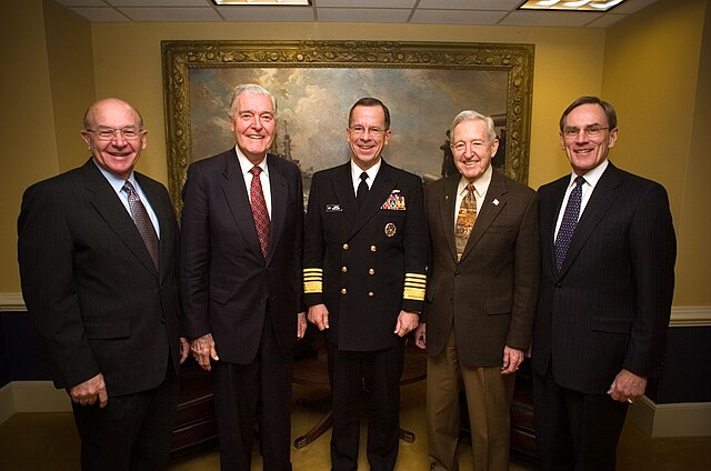 Michael Mullen, CNO in December 2006, with some of his predecessors: Vern Clark, James D. Watkins, Thomas B. Hayward, and Jay L. Johnson