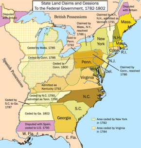 The state cessions that eventually allowed for the creation of the territories north and southwest of the River Ohio United States land claims and cessions 1782-1802.png