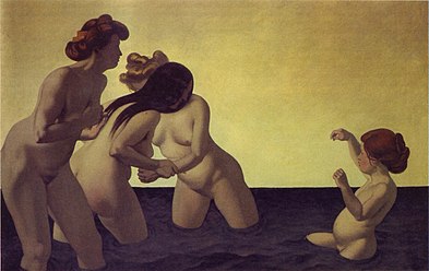 Trois femmes et une petite fille jouant dans l’eau, 1907 (Tre kvinder og en lille pige leger i vandet)