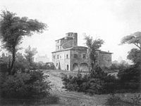 Villa Raffael, auch Villa Olgiati genannt, im Garten der Villa Borghese, vom Norden gesehen. Links ist die Villa Medici und rechts die Kuppel der Kirche S. Carlo al Corso in der Via del Corso zu sehen. Die Villa Raffael wurde 1849 während der französischen Belagerung zerstört.