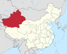 Map showing the location of Xinjiang, China Xinjiang in China (disputed hatched).svg