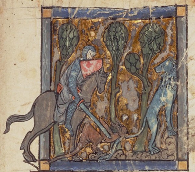 "Yvain rescues the lion", from Garrett MS 125, an illustrated manuscript of Chrétien de Troyes' Yvain, le Chevalier au Lion, dated to ca. 1295.