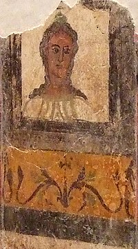 Mural painting representing a muse from the time of Hadrian (117-138), found at 5-7 San Agustin Street. Zaragoza Pintura mural (detalle).jpg