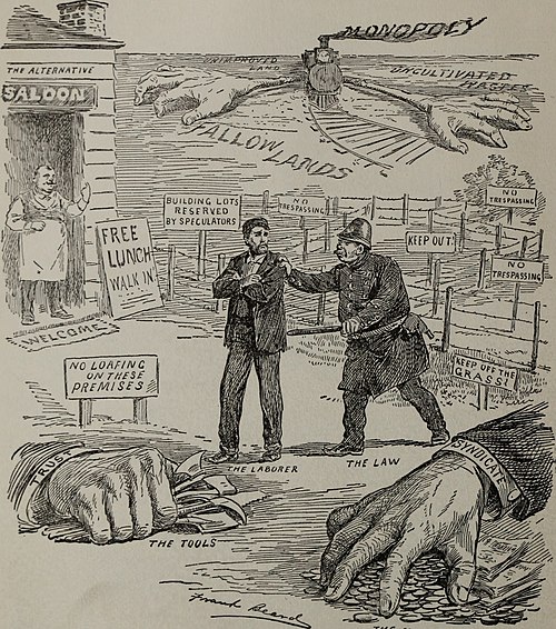 A 1902 anti-monopoly cartoon depicts the challenges that monopolies may create for workers.