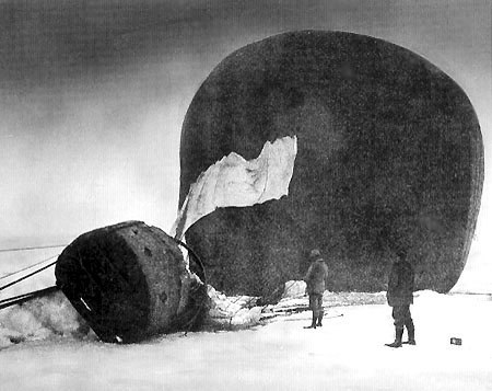 Örnen (The Eagle) shortly after its descent onto pack ice. Photographed by Nils Strindberg, the exposed plate was among those recovered in 1930.