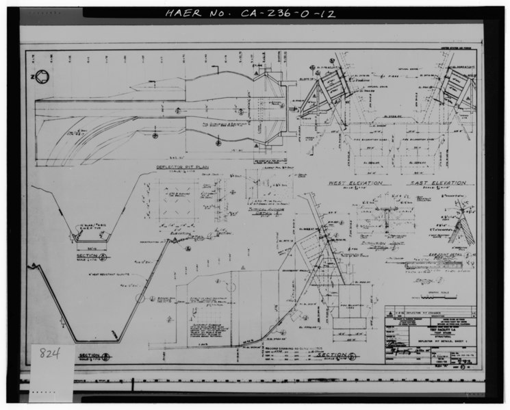 File:"TEST STAND; STRUCTURAL; DEFLECTOR PIT DETAILS, SHEET NO. 1." Specifications No. ENG-04-353-55-72; Drawing No. 60-09-12; sheet 41 of 148; file no. 1320-92, Rev. A. HAER CAL,15-BORON.V,4O-12.tif